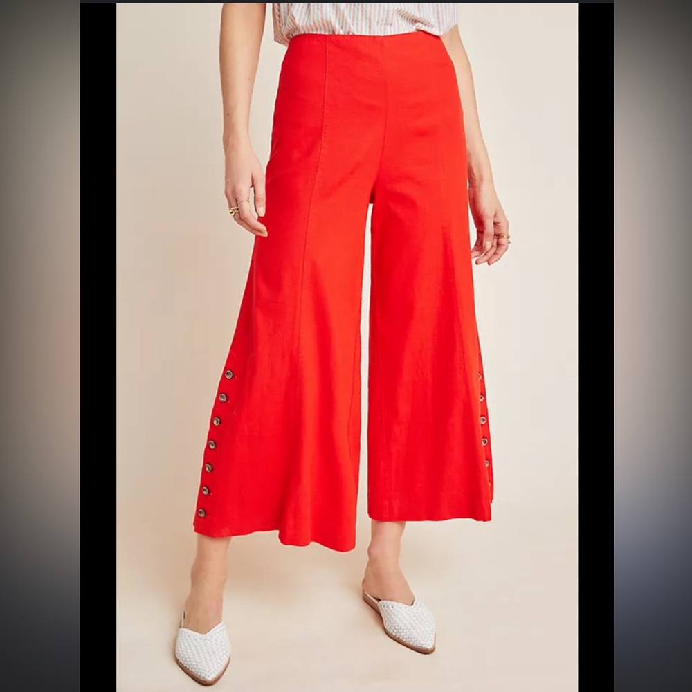 Anthropologie Tomato Red Linen Blend Wide Leg Plants